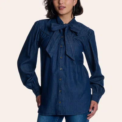 Cotton & Rye Women's Dark Wash Denim Tie-front Long Sleeve Shirt In Blue