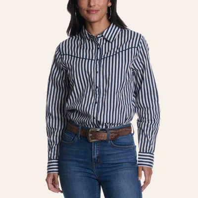 Cotton & Rye Women's Navy & White Stripe Print Long Sleeve Pearl Snap Western Shirt In Blue