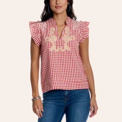 Cotton & Rye Women's Red Gingham Print Embroidered Ruffle Sleeve Top In Pink