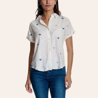 Cotton & Rye Women's White & Blue Embroidered Horse Print Shirt