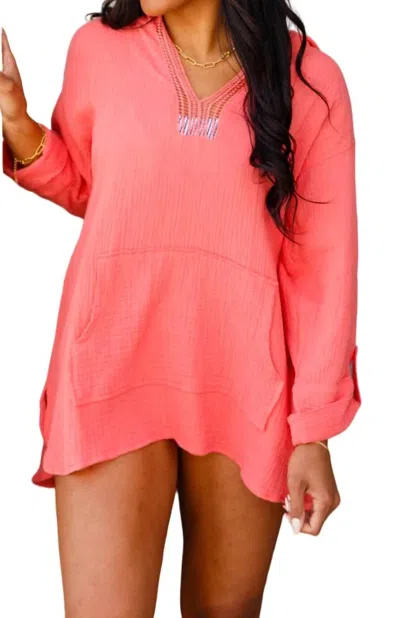 Cotton Bleu Beach Bonfire Pullover Hoodie In Coral In Pink