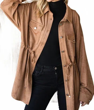 Cotton Bleu Faux Suede Button Down Front Shirt Jacket In Brown