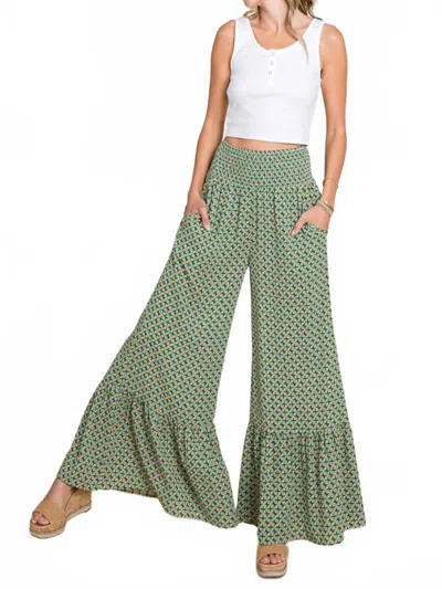 Cotton Bleu Flowy Wide Leg Pants In Green/mustard