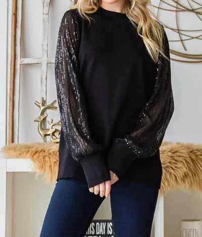 Cotton Bleu Sequined Sleeve Sweater In Black
