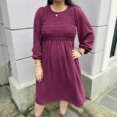 Cotton Bleu Smocking Detail Long Sleeve Dress In Plum In Purple