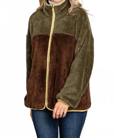 Cotton Bleu Stretch Fleece Zip-up Jacket In Olive/brown