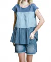 Cotton Bleu Striped & Tiered Denim Top In Blue In Blue