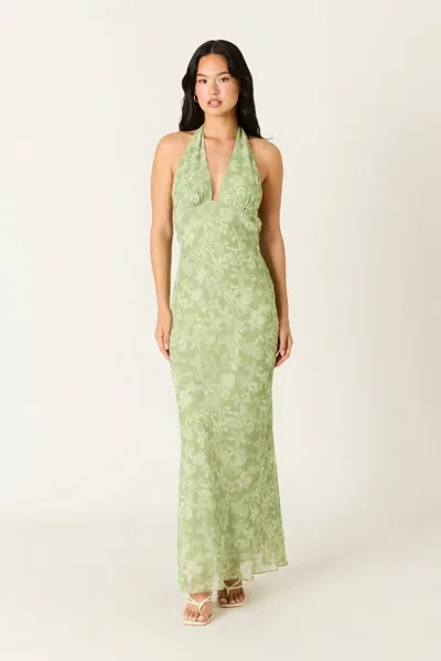 Cotton Candy La Colleen Halter Bias Cut Floral Maxi Formal Dress In Matcha In Multi