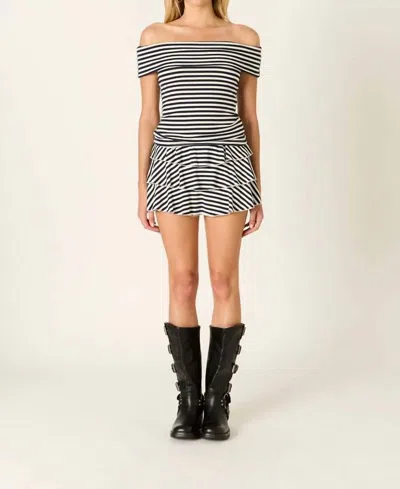 Cotton Candy La Striped Off Shoulder Top And Mini Skirt Set In Navy White In Black