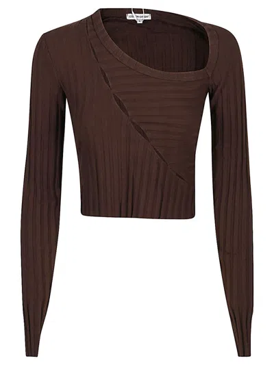 COTTON CITIZEN BROWN BROWN ASYMMETRICAL COLLAR CROP TOP