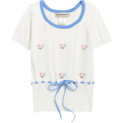 Cotton Emporium Kids'  Embroidered Pointelle Knit Top In Blue