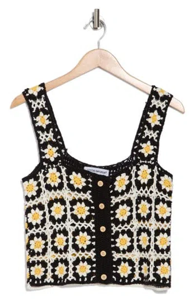 Cotton Emporium Floral Patch Crochet Button Front Tank In Black