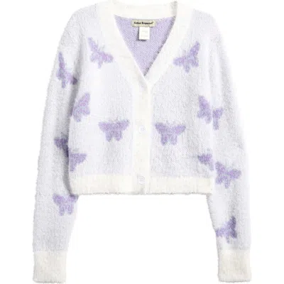 Cotton Emporium Kids' Butterfly Jacquard Cardigan In Ivory Purple Butterfly