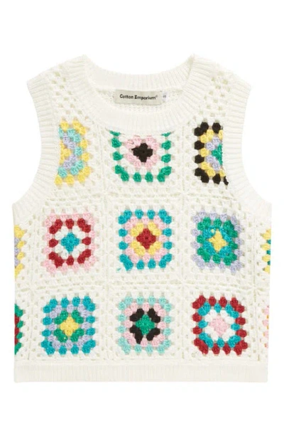 Cotton Emporium Kids' Granny Square Open Stitch Sweater Tank In White
