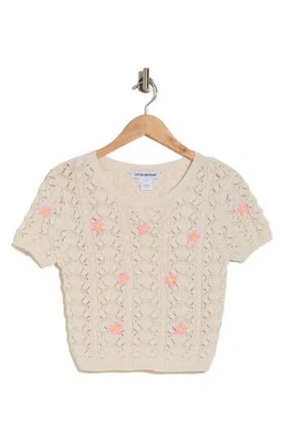 Cotton Emporium Pointelle Stitch Embroidered Sweater In Ivory