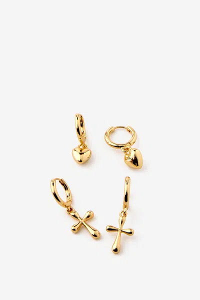 Cotton On 2pk Mid Earring In Up Gold Puffy Heart Cross
