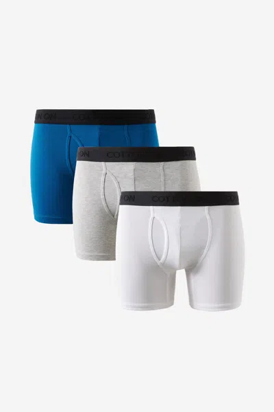 Cotton On 3 Pack Mens Organic Cotton Boxer Brief In Light Grey Marle/rave Blue/white