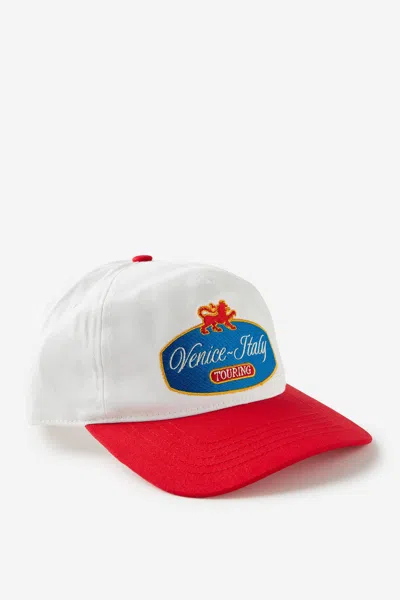 Cotton On 5 Panel Hat In White/cherry Red/venice