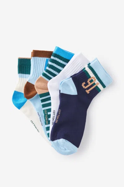 Cotton On 5pk Quarter Crew Sock In 91 Navy/green Mix