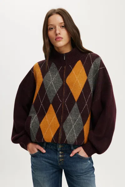 Cotton On Argyle Funnel Knit Bomber In Multi