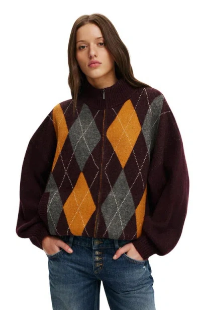 Cotton On Argyle Funnel Knit Bomber In Sour Cherry Argyle