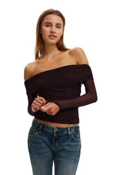Cotton On Ashley Off Shoulder Mesh Long Sleeve Top In Brown