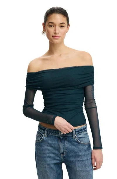 Cotton On Ashley Off Shoulder Mesh Long Sleeve Top In Green