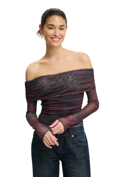 Cotton On Ashley Off Shoulder Mesh Long Sleeve Top In Multi