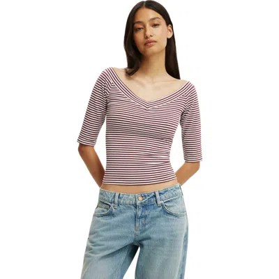 Cotton On Bella Off Shoulder V Neck 3/4 Tee In Madi Stripe Sour Cherry