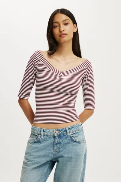 Cotton On Bella Off Shoulder V Neck 3/4 Tee In Madi Stripe Sour Cherry/vintage White