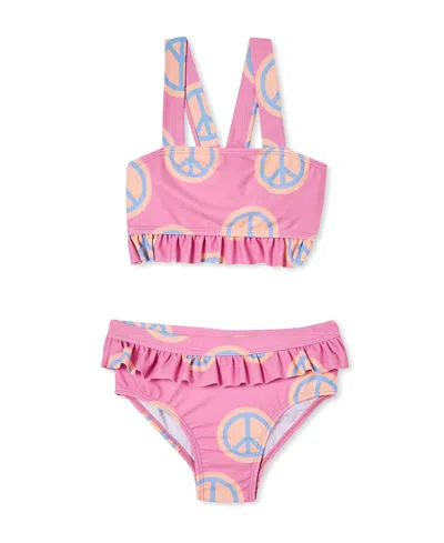 Cotton On Kids' Big Girls Polly Ruffle Tankini And Swim Bottom, 2 Piece Set In Pink Gerbera,peace Signs