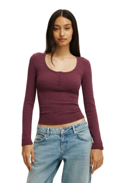 Cotton On Blake Rib Scoop Henley Long Sleeve In Lisa Stripe Sour Cherry Pink