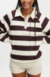Cotton On Body Oversized Collared Lounge Fleece Sweater In Burgundy Cream Stripe