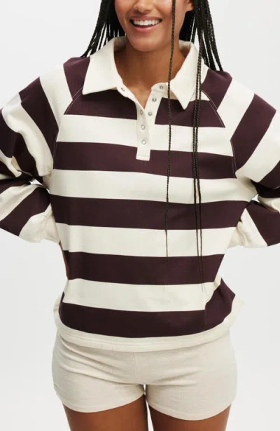 Cotton On Body Oversized Collared Lounge Fleece Sweater In Burgundy Cream Stripe