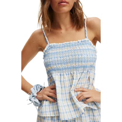 Cotton On Body Shirred Woven Sleep Set In Hayley Sunchine Blue Check