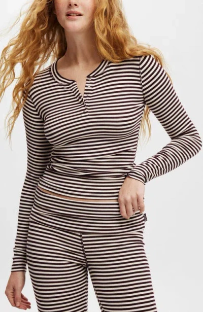 Cotton On Body Sleep Recovery Henley Long Sleeve In Burgundy Cream Stripe