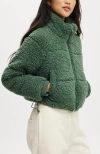 Cotton On Body The Mother Puffer Cropped Soft Fleece Jacket In Emerald Forest