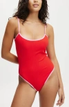 Cotton On Body Thin Strap Low Scoop One Piece Cheeky In Scarlet Rib Pink