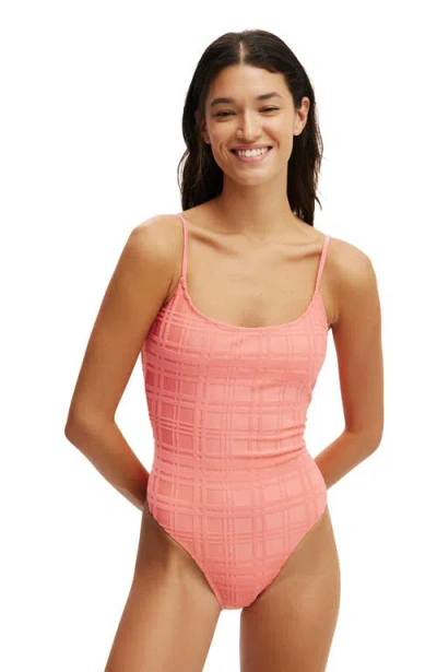 Cotton On Body Thin Strap Low Scoop One Piece Cheeky In Shell Pink Terry Jacquard