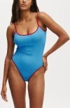 Cotton On Body Thin Strap Low Scoop One Piece Cheeky In Tranquil Blue Rib