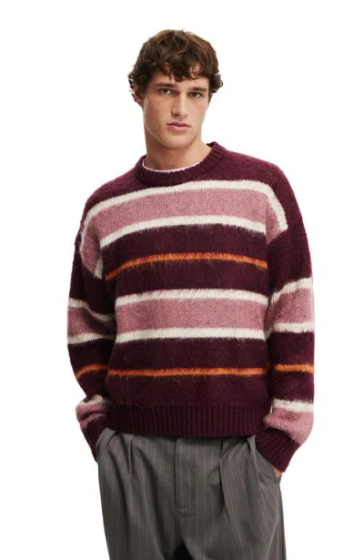 Cotton On Box Fit Fuzzy Crew Knit In Berry Stripe