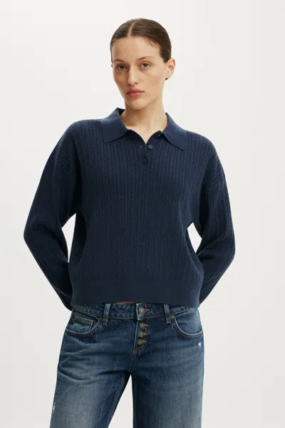 Cotton On Boxy Ls Polo Knit In Navy Cable/tipping