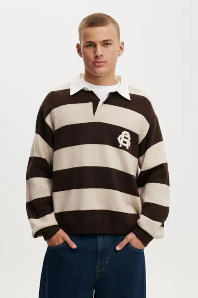 Cotton On Boxy Rugby Polo In Mocha Bold Stripe