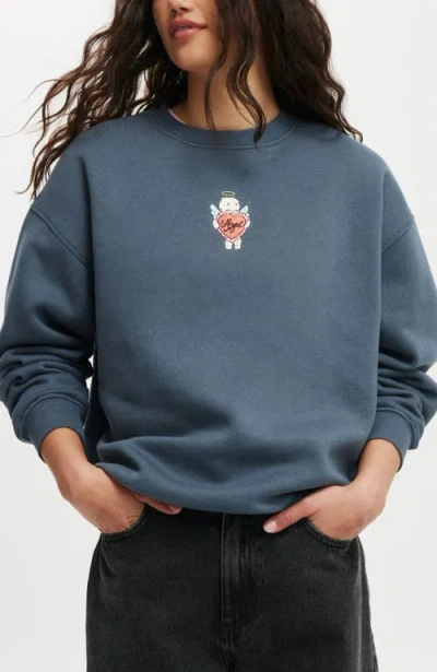 Cotton On Classic Fleece Graphic Crew Sweatshirt In Angel Heart Slate Blue