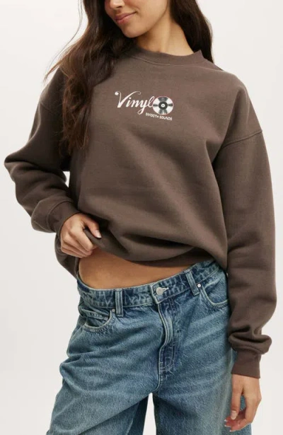 Cotton On Classic Fleece Graphic Crew Sweatshirt In Vinyl Records Dark Truffle