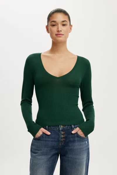 Cotton On Close Knit V-neck Top In Green