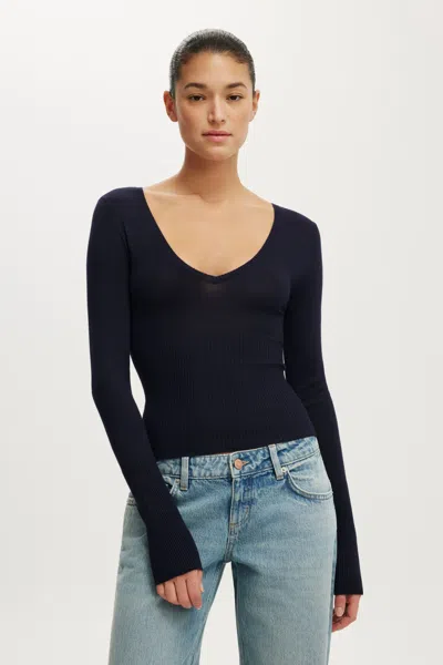 Cotton On Close Knit V-neck Top In Navy