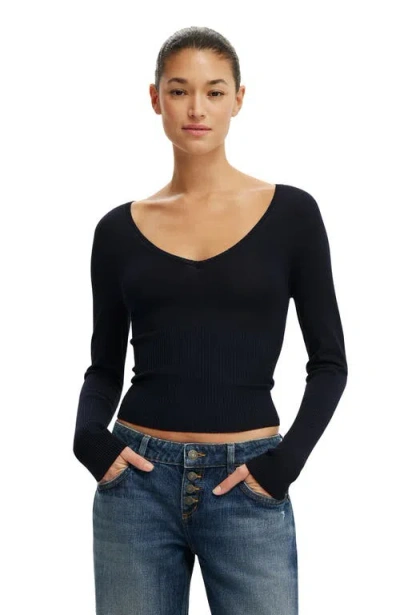 Cotton On Close Knit V-neck Top In Navy