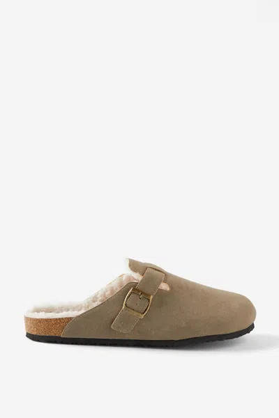 Cotton On Closed Toe Buckle Slide In Taupe/cream Teddy