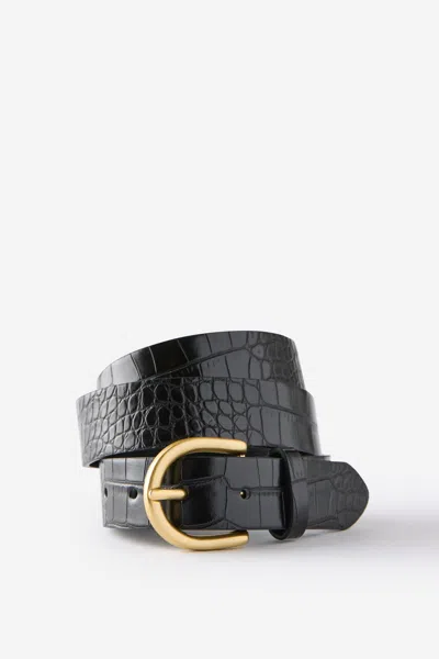 Cotton On Croc Embossed Belt In Black/brushed Gold